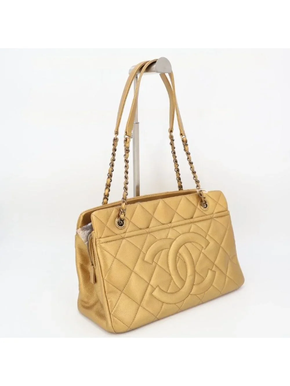 Chanel CC Logo Chain Tote Gold Caviar Leather Shoulder Bag